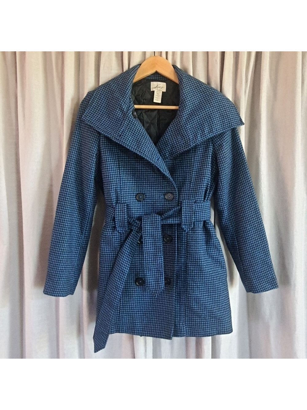 Women's Levi's Blue Wool Houndstooth Pea Coat Jacket Waist Tie Womens XS